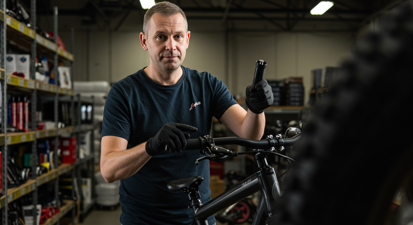 Técnico a reparar bicicleta